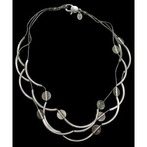 Lizzy James Abstract Disc And Curved Bar Silver Tone Metal And Leather Necklace